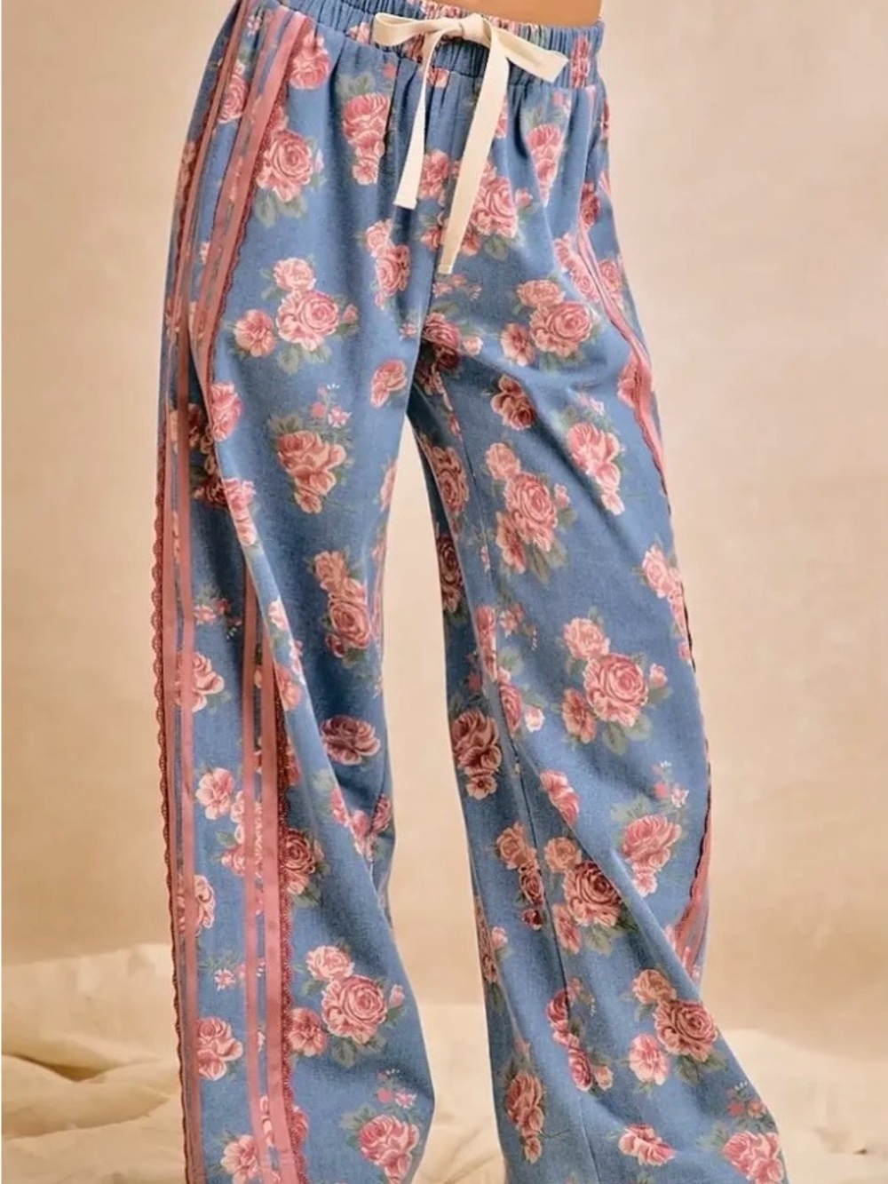 Floral Wide-Leg Drawstring Jeans - Blue denim with Pink Rose Print